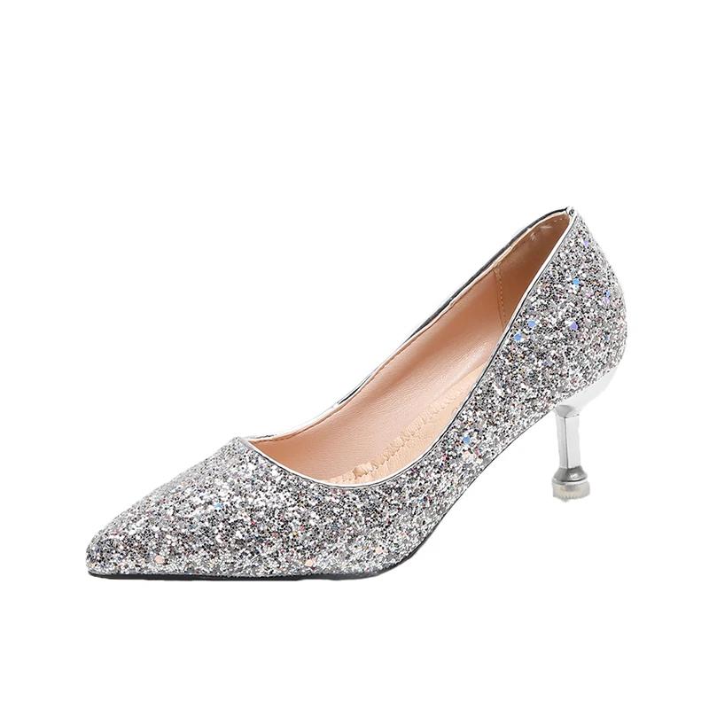 

2025 Модные женские туфли на высоком каблуке с острым носком, блестящие туфли на тонком каблуке, элегантные туфли для вечеринок и вечеринок больших размеров, Zapatos 39 серебряный