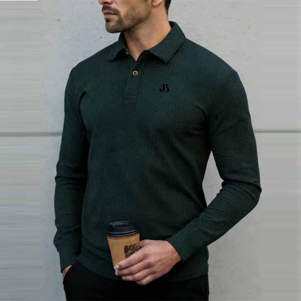 Men's Casual Ribbed Knit Long Sleeve Polo Shirts for Men