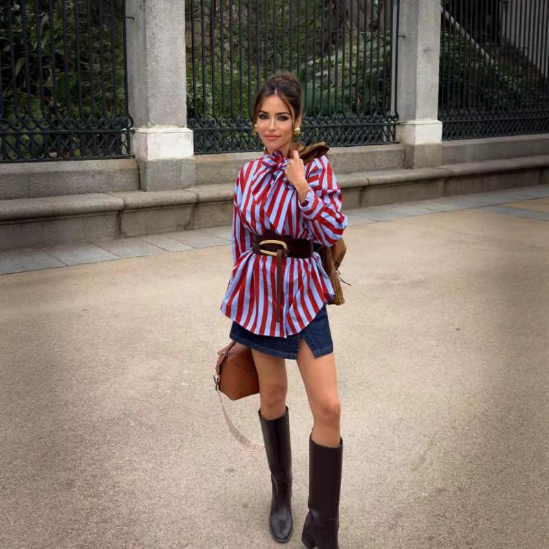 Womens Striped Long Sleeve Shirt With Tie Neck Loose Fit Linen-Feel Top Casual Street Style Blouse