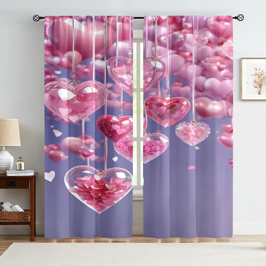 2PCS Purple Bottom Powder Heart Suspended Love Curtain   Dreamy Romantic Style   Bedroom and Living Room   Pull up Pocket Style