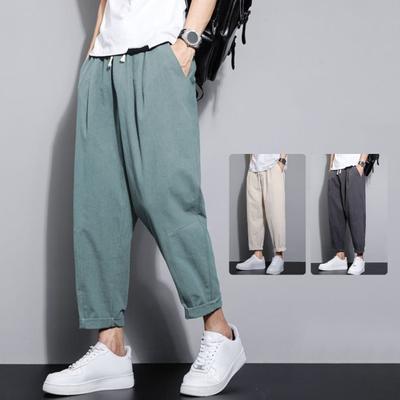 Men Ninth Pants Thin Side Pockets Drawstring Elastic Waist Japanese Style Wide Leg Solid Color Retro Gym