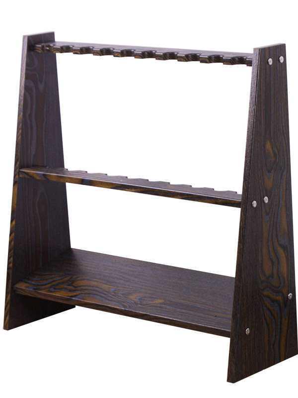 Wooden Floor-Standing Fishing Rod Display Rack with 10-Rod Capacity for Lure Rods, Hand Rods, and Billiard Cues.