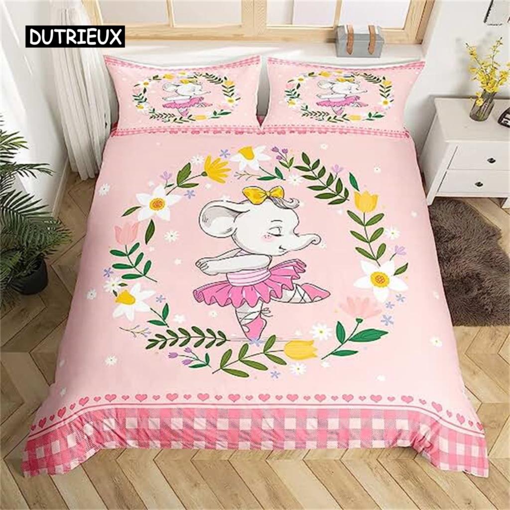 Husă plapumă elefant din desene animate Animal drăguț Fete băieți Decor camera Kawaii Ramuri cu flori Husă pilotă elefant din desene animate Violet Albastru