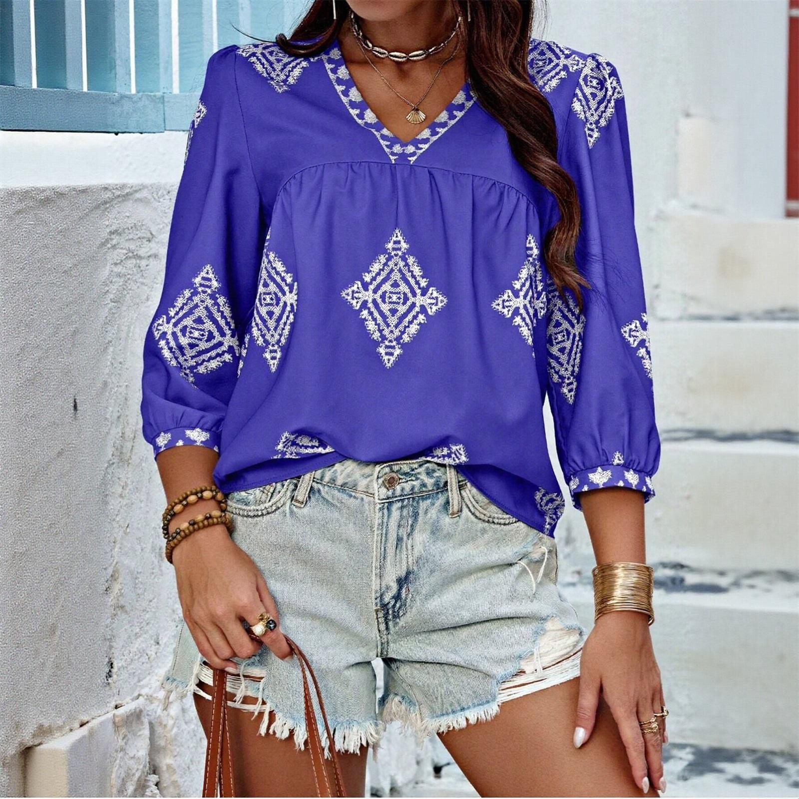 Women s Fashion V-neck Bohemian Print Cropped Sleeve Shirt Top L фиолетовый
