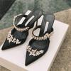 Fashion Couture! French Pointed Flat Sandal Rhinestone Goddess Fan Niche Design Sense High Heel Half Drag