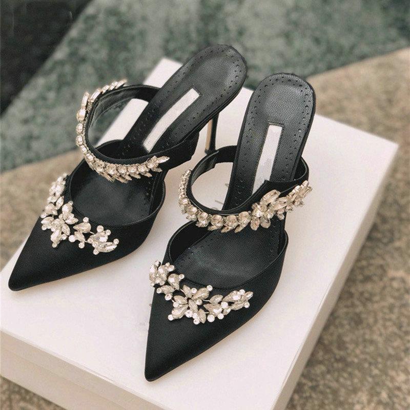 Fashion Couture! French Pointed Flat Sandal Rhinestone Goddess Fan Niche Design Sense High Heel Half Drag