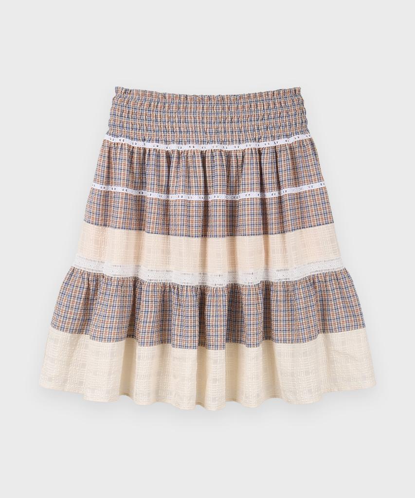 Sinun Smocking Color Block Flare Skirt (Beige)