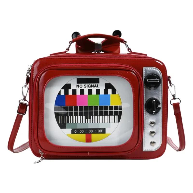 

Large TV Shape Ita Bag Retro Style Women s Shoulder Backpack Leather Handbag Cartoon Square Design Personalized Square Bag червоний