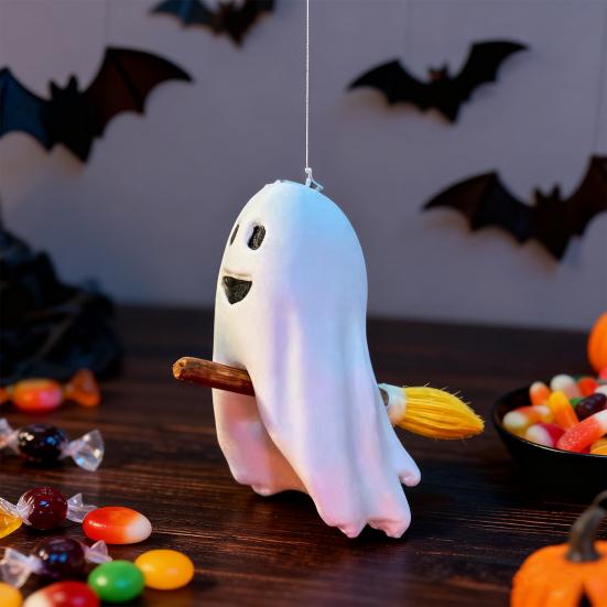 Halloween Ghost Figurine Cute Small Ghost Riding Broom Statue Mini Plastic Ghost Halloween Tabletop
