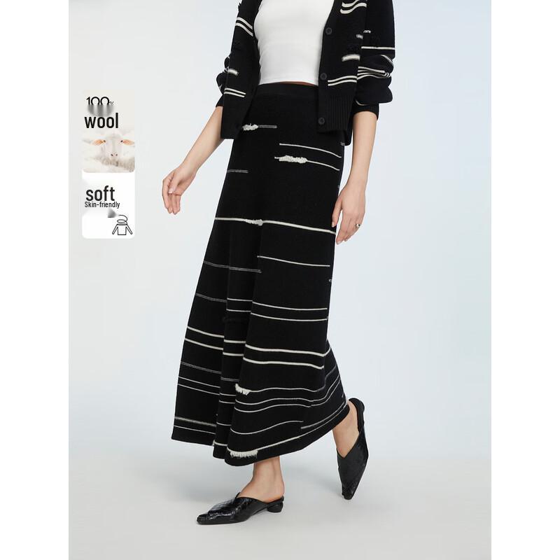 ELLE Striped Color-block Midi Skirt L