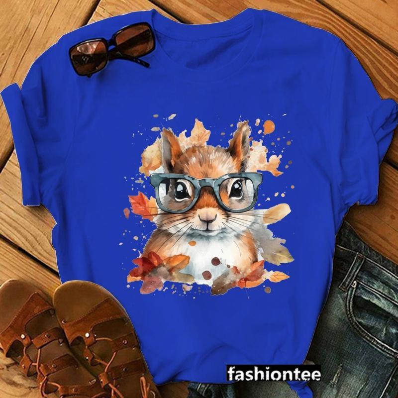 Cute Squirrel Pattern Printed T-Shirt Personalized Creative Casual Round Neck Shirt Funny Squirrel T-Shirt Top
