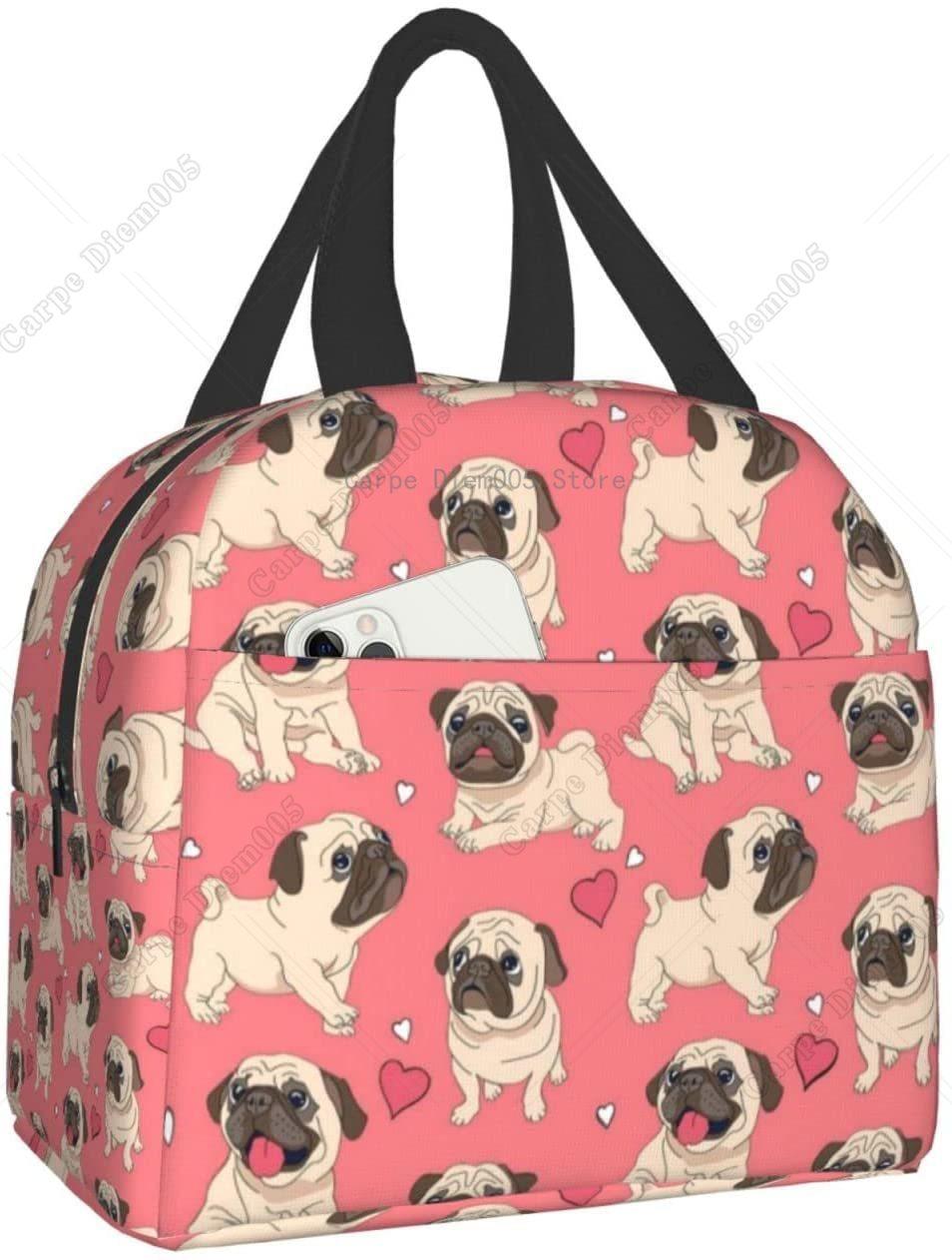 Cute Puppy Pug Dog Lunch Bag Box for Girls Women school Insulated Lunch Bag Reusable Portable Waterproof Cooler Travel Picnic One Size бежевый