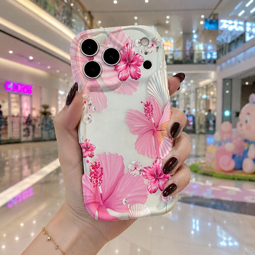 Watercolor Hibiscus Shell Wavy Edge Phone Case For iPhone 17 16 15 14 13 12 11 8 7 Plus Pro Max Floral Bumper Cover