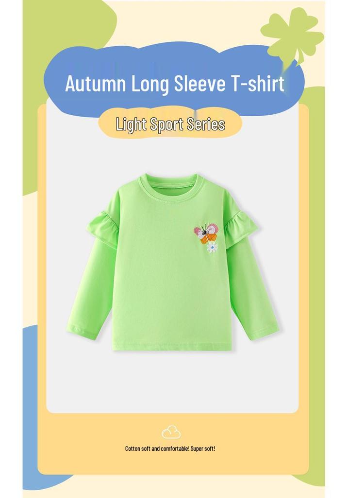 26-year Collection: Girls' Long Sleeve Lace T-shirt - Butterfly & Flower Embroidery, Round Neck, Autumn/Winter