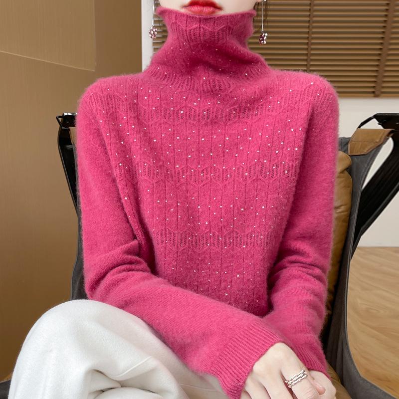 Women's Pure Wool Rhinestone Embellished Knit Top, Stacked Collar, Long Sleeve, Hollow Design for Autumn/Winter