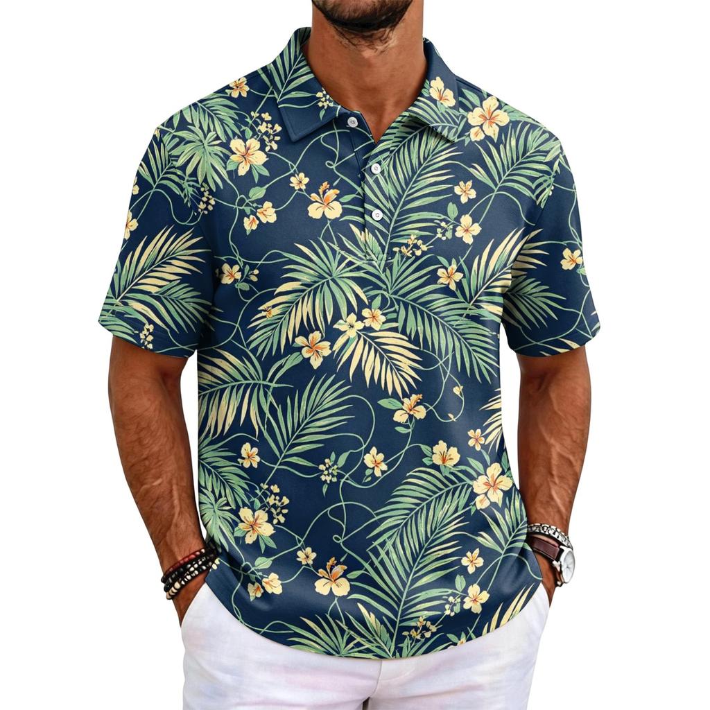 Men's Hawaiian Style Short Sleeve Polo Shirt Loose Fit Casual Top with and Geometric Print for Everyday Wear