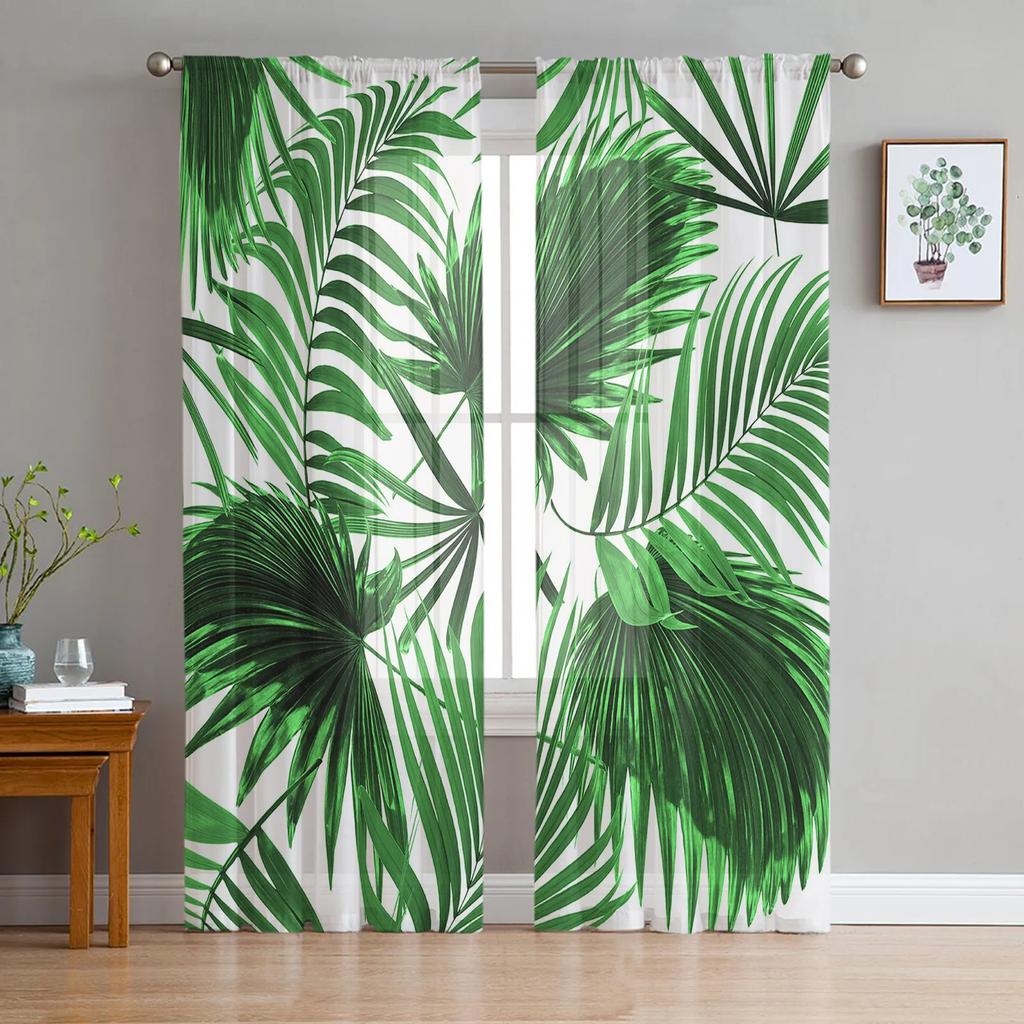 Palm Leaves Tropical Jungle Plant Green Tulle Sheer Curtains for Living Room Bedroom Decor Window Curtain Voile Organza Drapes
