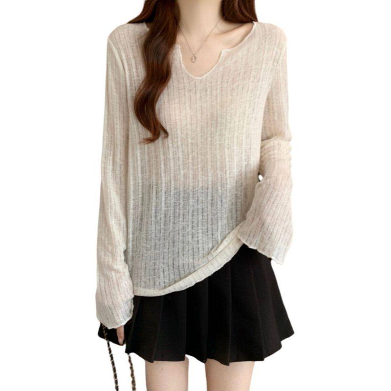 

2026 Early Spring New Thin V-Neck Long-Sleeve Knit Sweater for Women, Korean Style, Pure Color, Niche Design, Slim-Fit Inner Top White S [Excellent Quality]