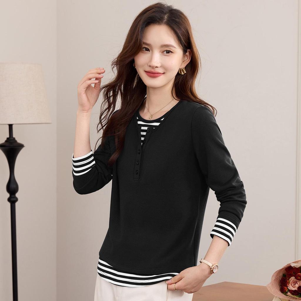 Women's Plus Velvet Long-Sleeve T-Shirt with Inner Layer - Stylish Two-Piece Design for Autumn/Winter 2025