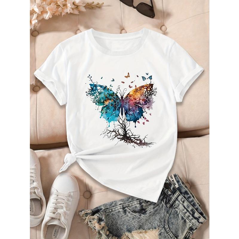 European Size Women'S Casual Short Sleeve T-Shirt with Vibrant Butterfly & Floral Print, Round Neck, Spring/Summer Top, Floral Graphic Shirt