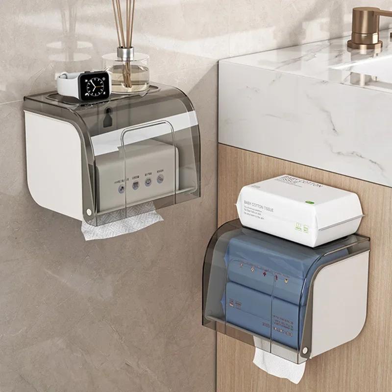 Transparent tissue holder roll paper box toilet wall mounted non perforated waterproof storage rack toilet paper holder