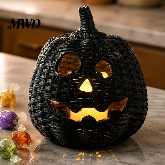 Handcrafted Woven Pattern Pumpkin Halloween Resin Basket, Faux Lantern Ornament, Spooky Party Favors Black Candy Jar for Tabletop Mantel Decor