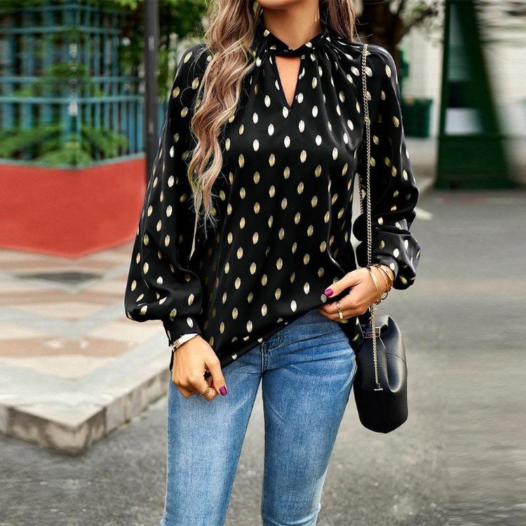 Women's Loose Hollow Out Blouse Long Sleeve O Neck Top Autumn Winter Printed Commuter Casual Tops