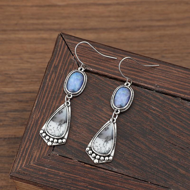 Vintage Waterdrop Round Inlaid Blue Stone Earrings Geometric Creativity Silver Color Dangle Earrings for Women Jewelry