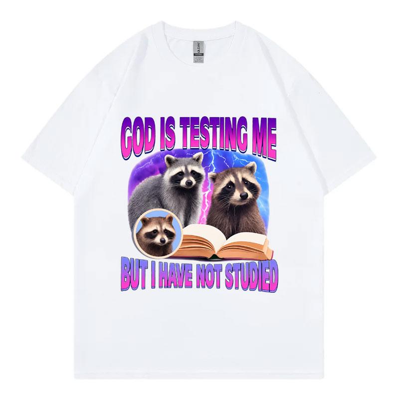 God Is Testing Me But I Have Not Studied Raccoon Funny Meme T Shirt Fashion Y2k Oversized Tshirts Unisex Casual Cotton Tshirt