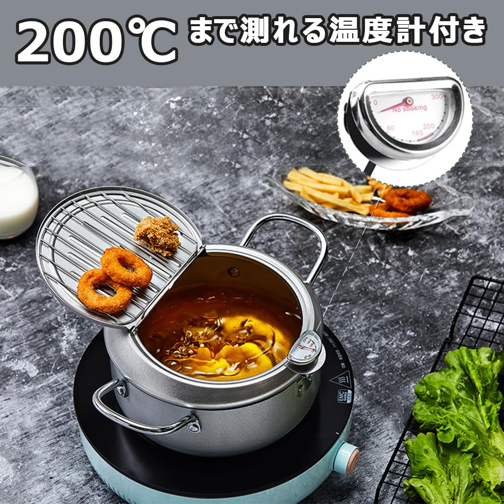 Tempura Fryer with Thermometer, Lid, Draining Rack, Spout, and Oil-saving Function (20, Silver)
