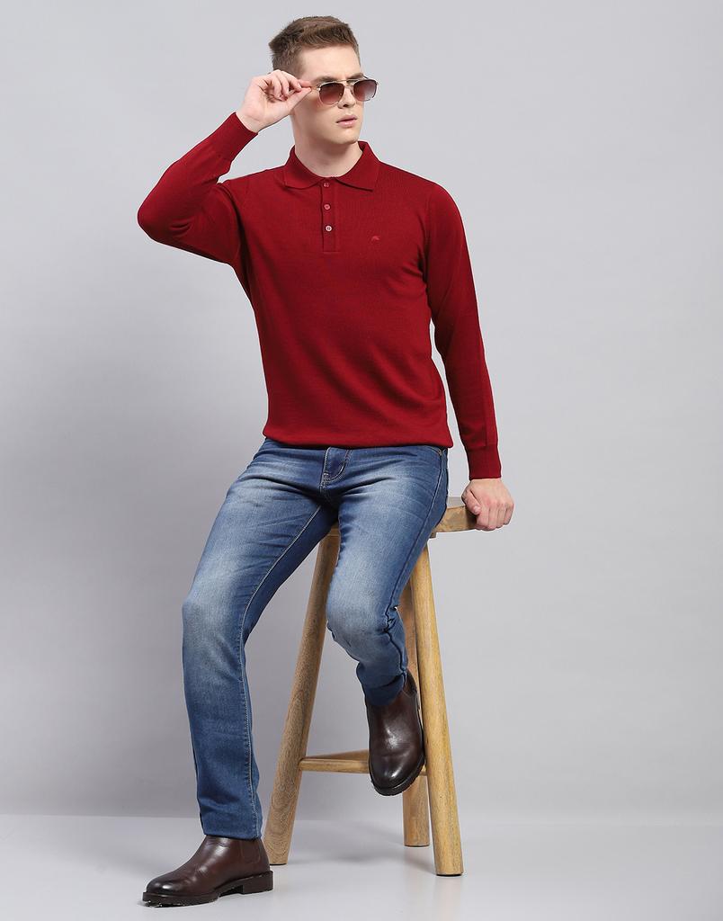 MONTE CARLO Mens Solid Maroon Collar Neck Full Sleeve T-Shirt