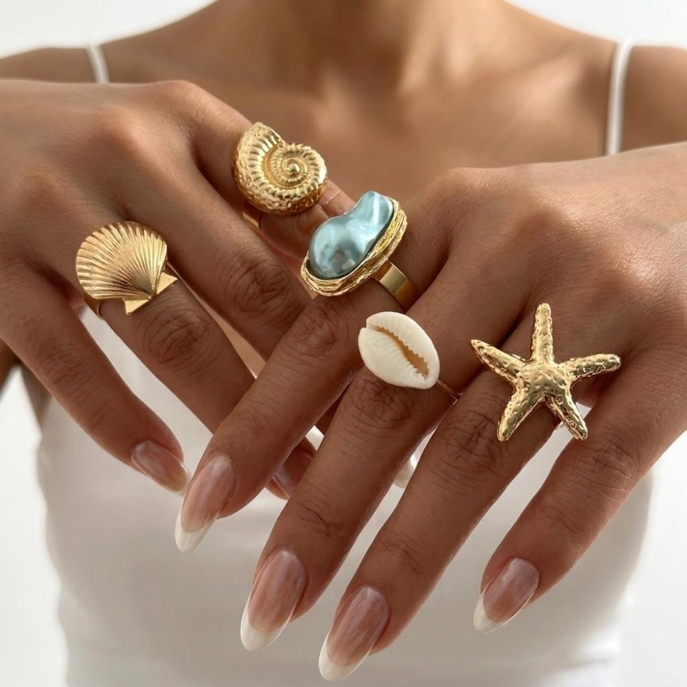 3/5Pcs Gold Color Finger Open Rings Conch Geometric Rings Vintage Starfish Open Ring Set Women