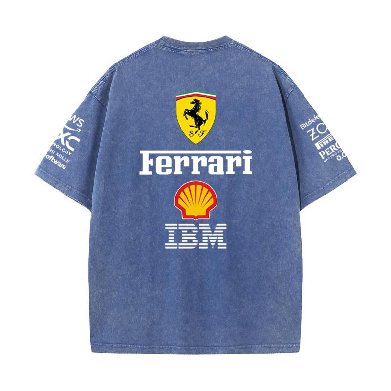 Vintage Washed Black Ferrari F1 Racing T Shirt Oversized Short Sleeve Tee Retro Motorsport Sponsor Logo Print Casual Streetwear Loose Top