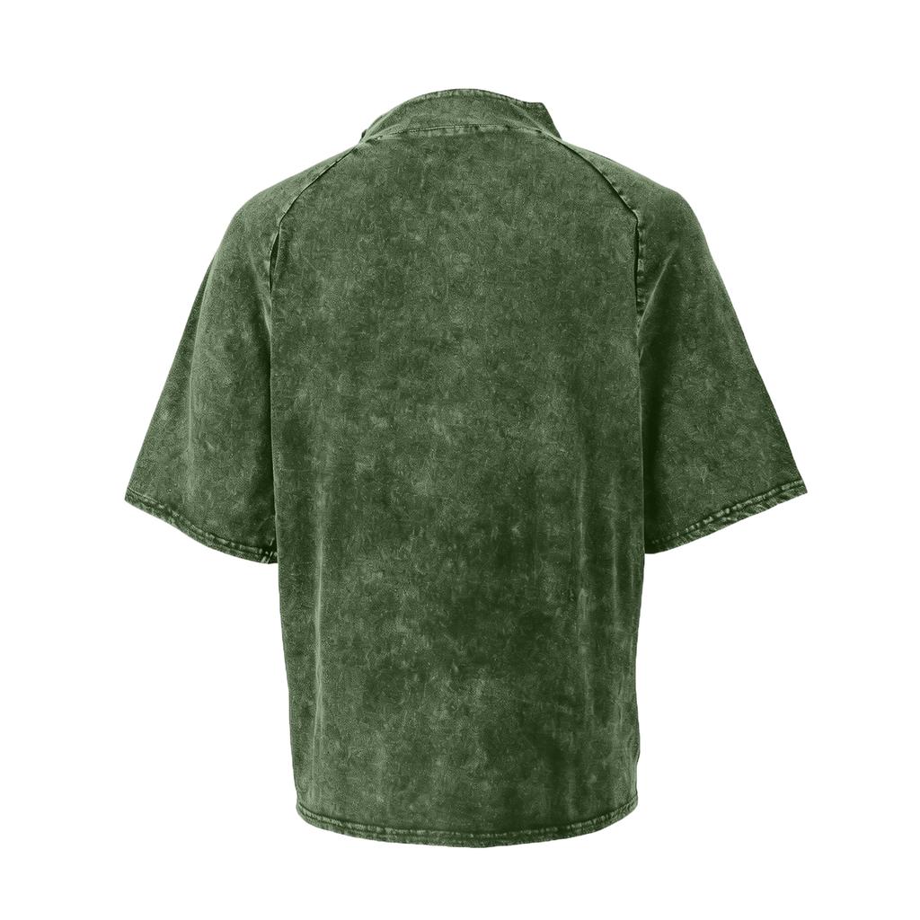 Men's Zipper Stand-up Collar Short-sleeved Distressed Washed Crewneck Casual Shirt