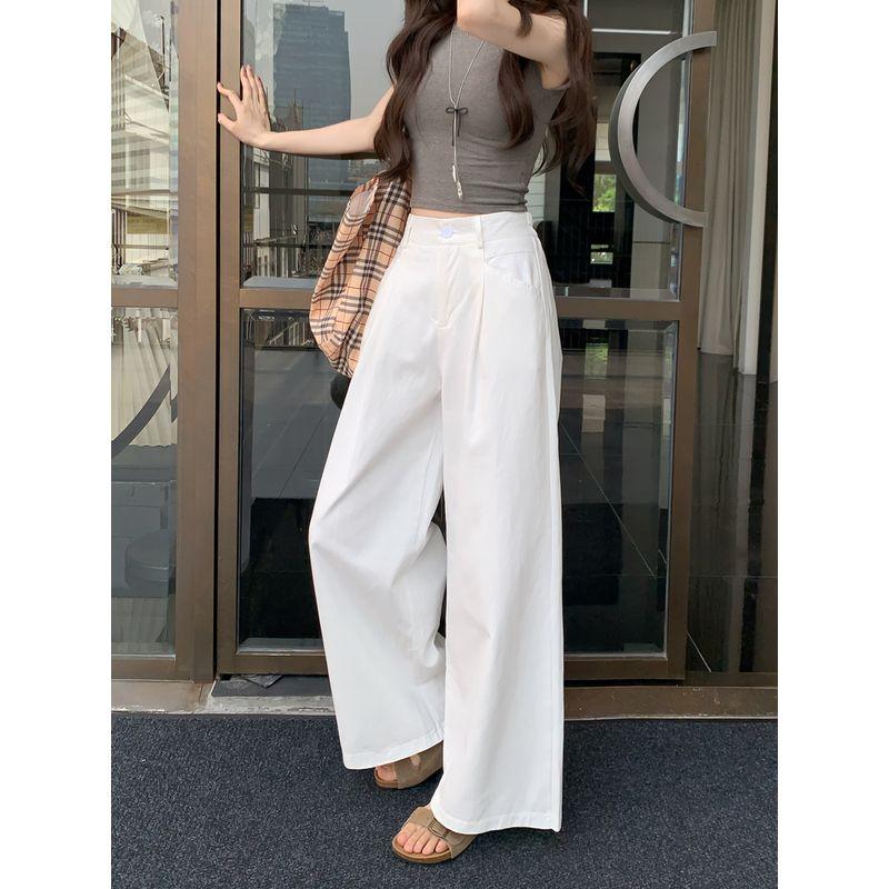 

Kumikumi Idle Style Solid Color Casual Pants Loose Pants Women s Autumn High Waist Drooping Baggy Straight Trousers Cropped Pants White XL