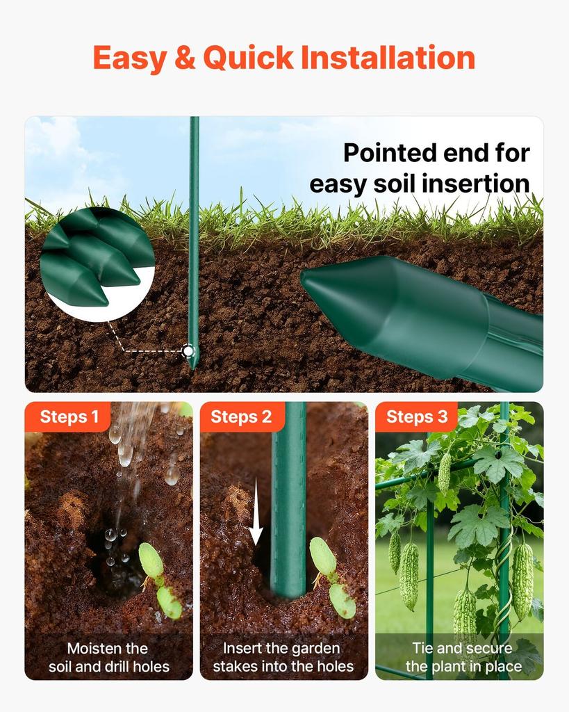 Garden Stakes, 15 Pack, 1705 mm, Plastic Coated Metal Tomato Stakes, Garden Sticks for Plants Support, with Pointed End and Non-Slip Bumps for Growing