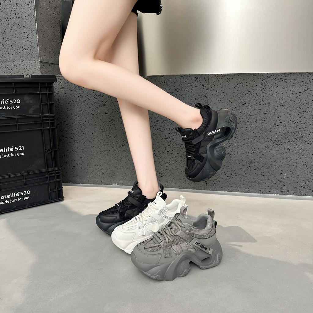 Leather platform mesh dad shoes women's 2025 summer new breathable hollow rhinestone small casual sports shoes