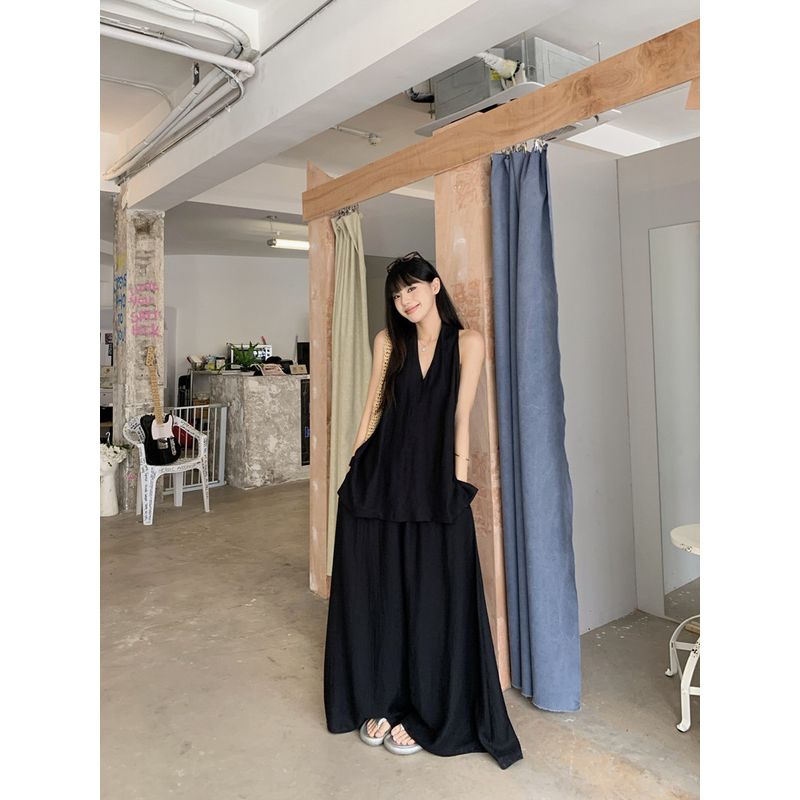 Relaxed Feeling Lazy Set Black Hanging Neck Sleeveless Vest Women Summer Loose Drape Wide Leg Pants Trousers Two-piece Set