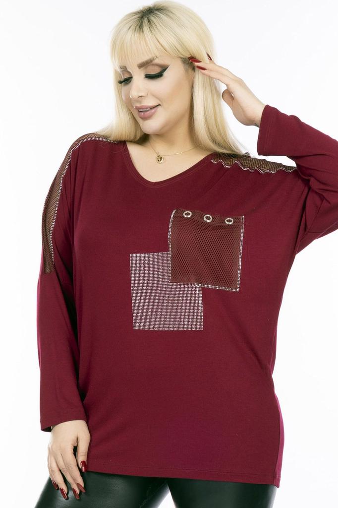 Damen-Bluse in großen Größen, V-Ausschnitt, Tasche und Ärmel, Mesh-Detail, Steinstickerei, lange Ärmel, bequeme und fließende, flexible Bluse