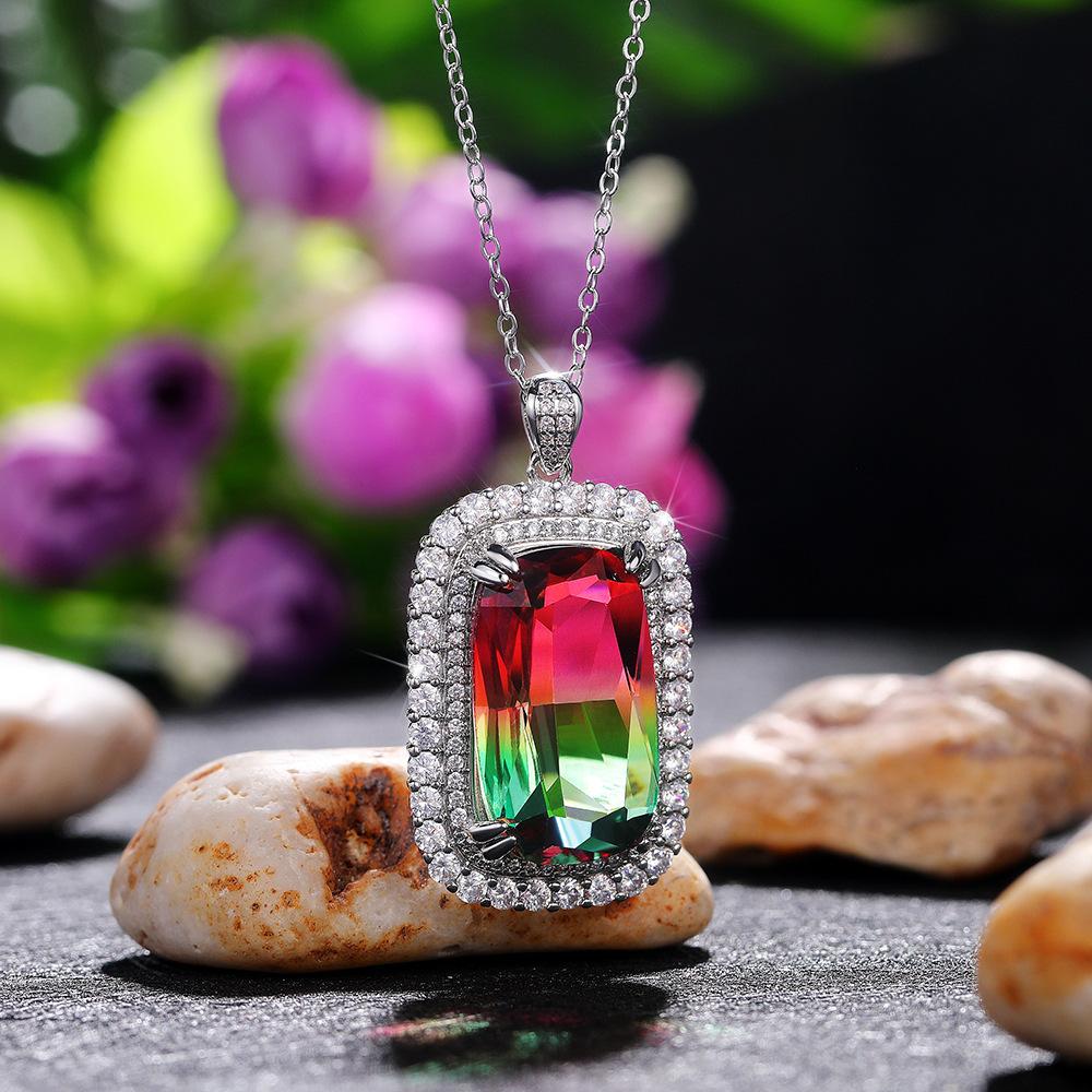 Silver Plated Emerald Cut Gradient CZ Pendant Necklace, Double Halo Cable Chain Necklace for Women