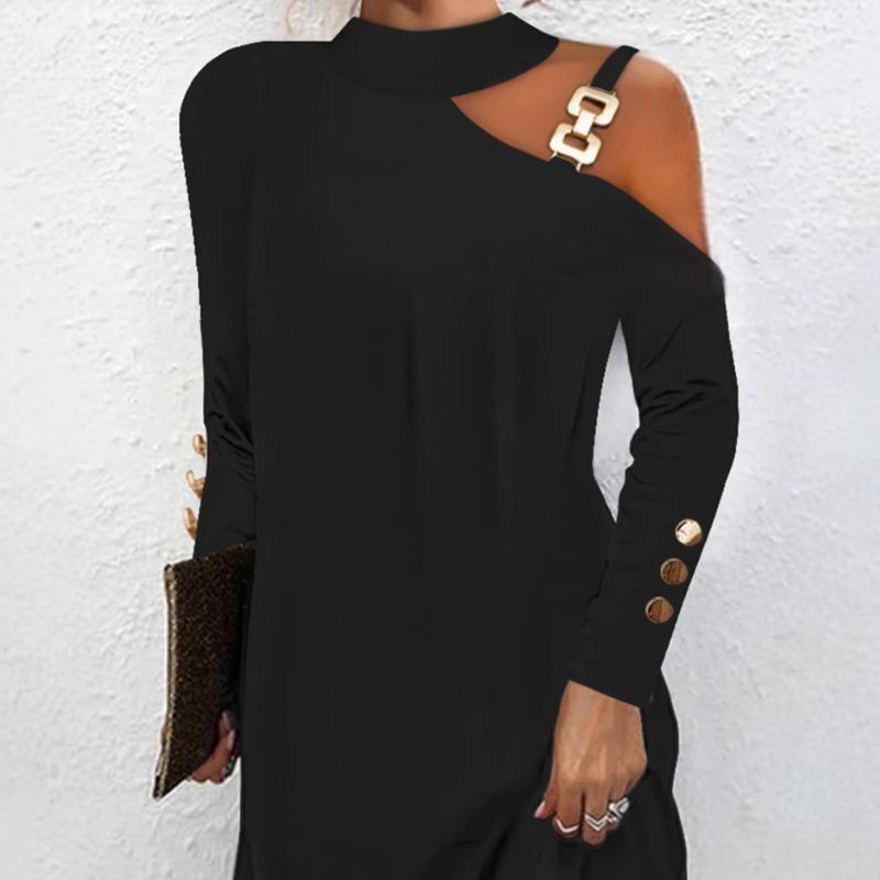 Wish autumn simple metal buckle neck button dress women's clothing