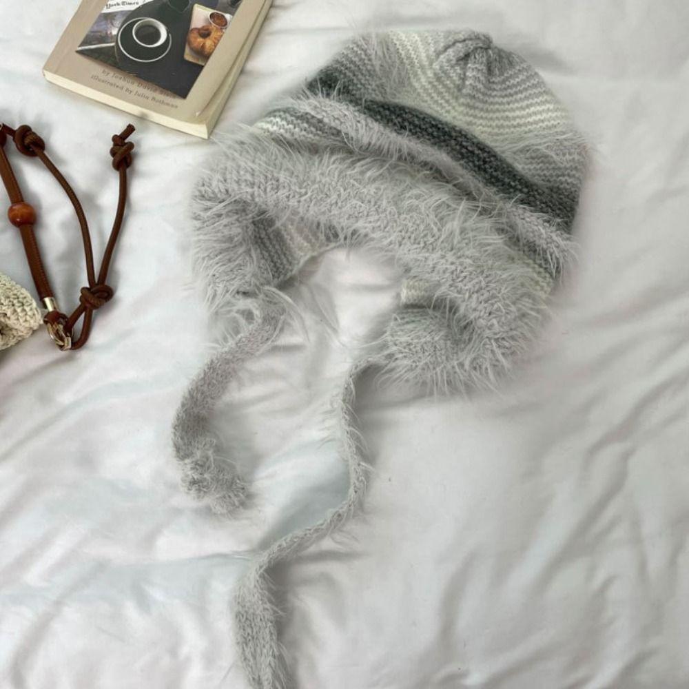 New Design Y2k Handbag-hat Hand-crocheted Pullover Beanie Hat Winter Striped Drawstring Hat  Women
