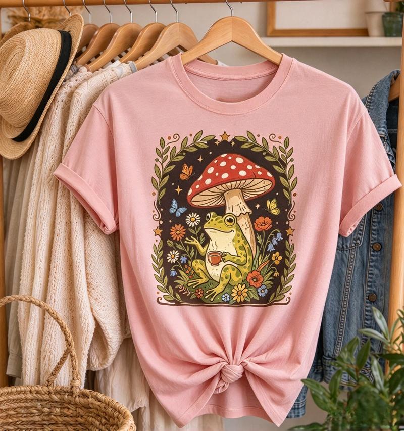 Cottagecore Frog And Red Mushroom Graphic Tshirt Unisex Unisex Wildflower Butterfly Print Casual Short Sleeve Vintage Nature Tee