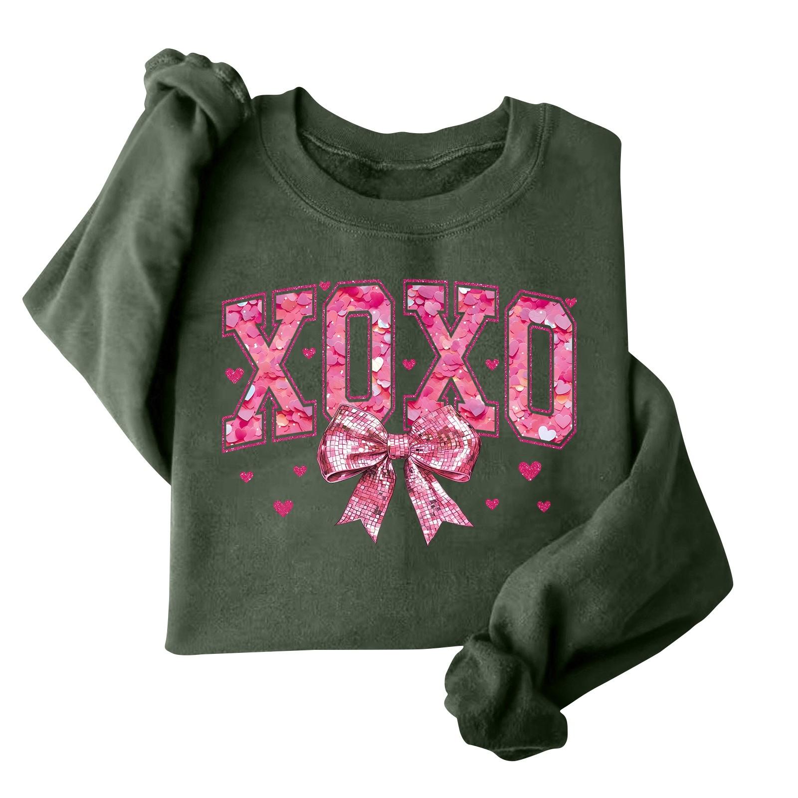 Женская модная свободная толстовка с длинным рукавом и круглым вырезом с принтом ко Дню святого Валентина L армия зеленый 1573₽