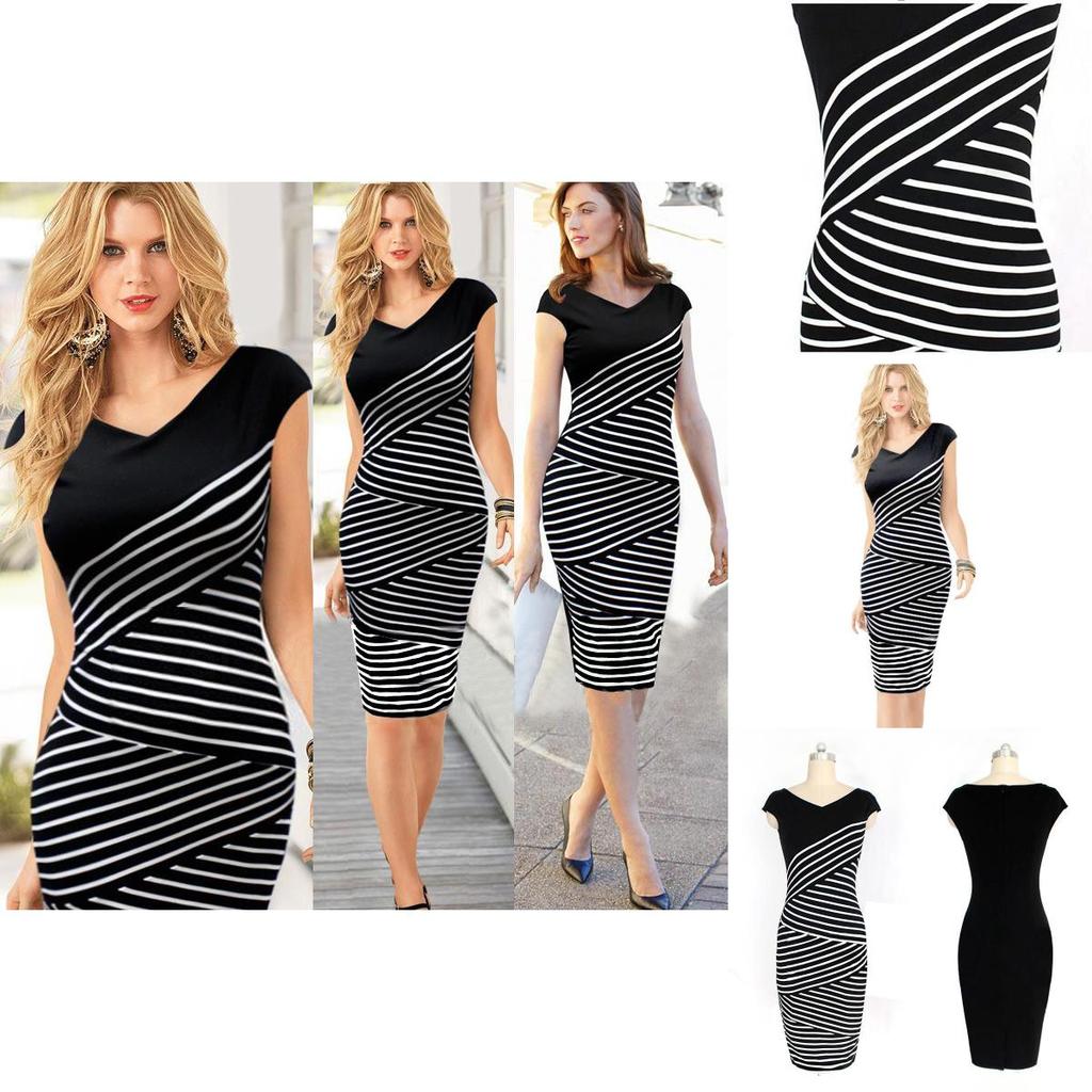 Womens Elegant Summer V Neck Stripe Bodycon Pencil Dress Perfect For Office And Party Wear