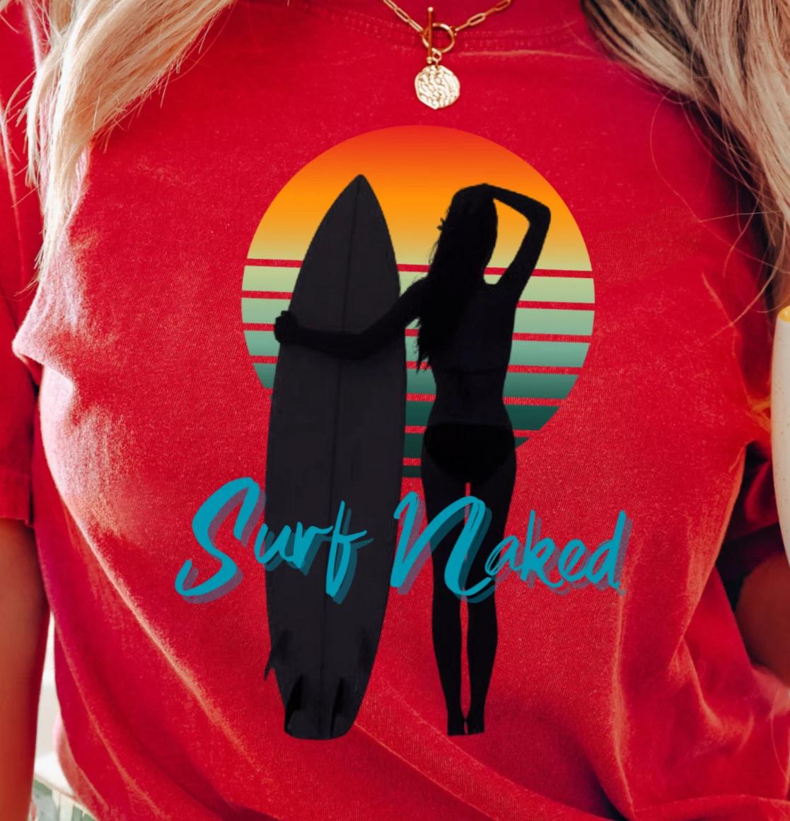 Surf Silhouette Sunset T-shirt, Surfboard Graphic, Surf Naked Tee, Nudist Shirt XL
