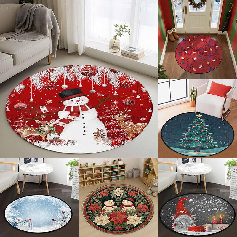 1pc Christmas Round Rugs: Snowman, Tree, Wreath & More - Festive Home Decor ,Christmas Round Carpet Decoration..