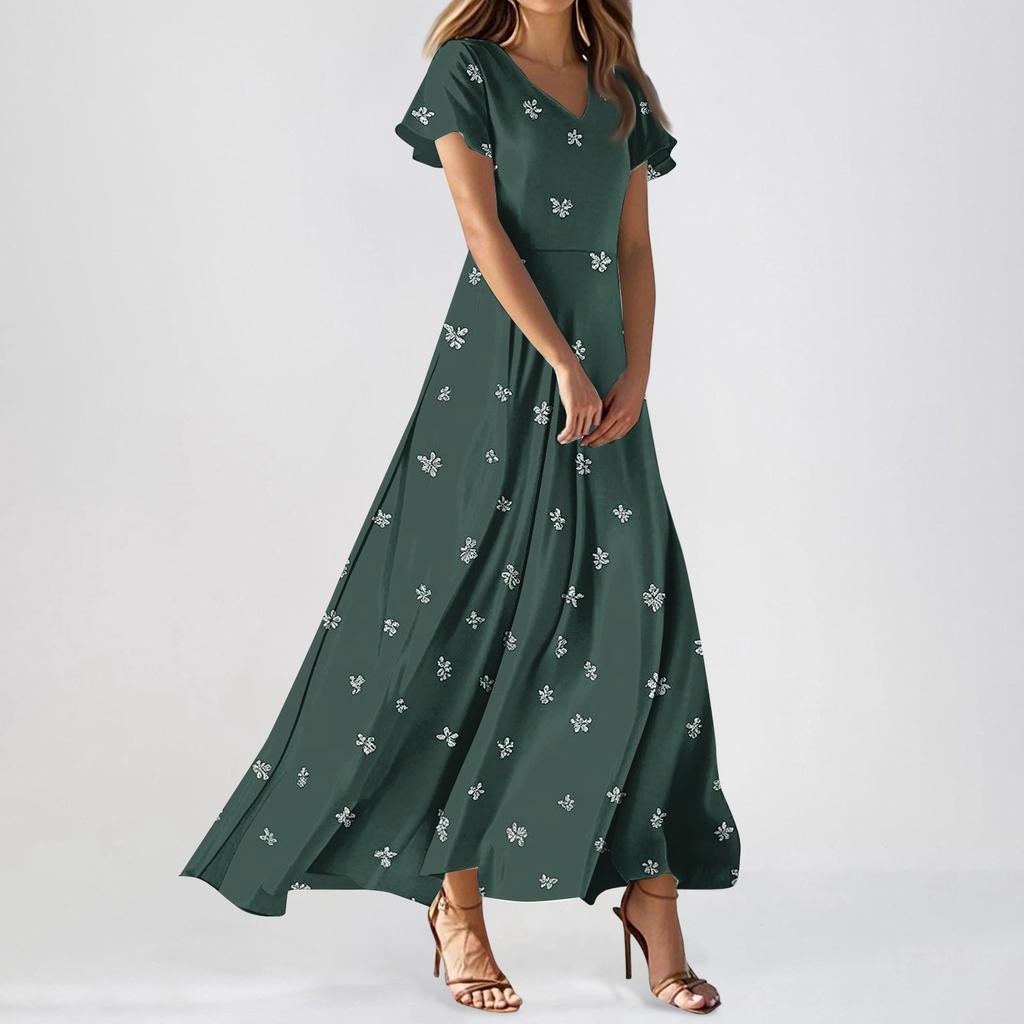 Women Casual Floral Print Maxi Dress V Neck Short Sleeve Lightweight Long Dress with Flowing Skirt for Everyday Wear