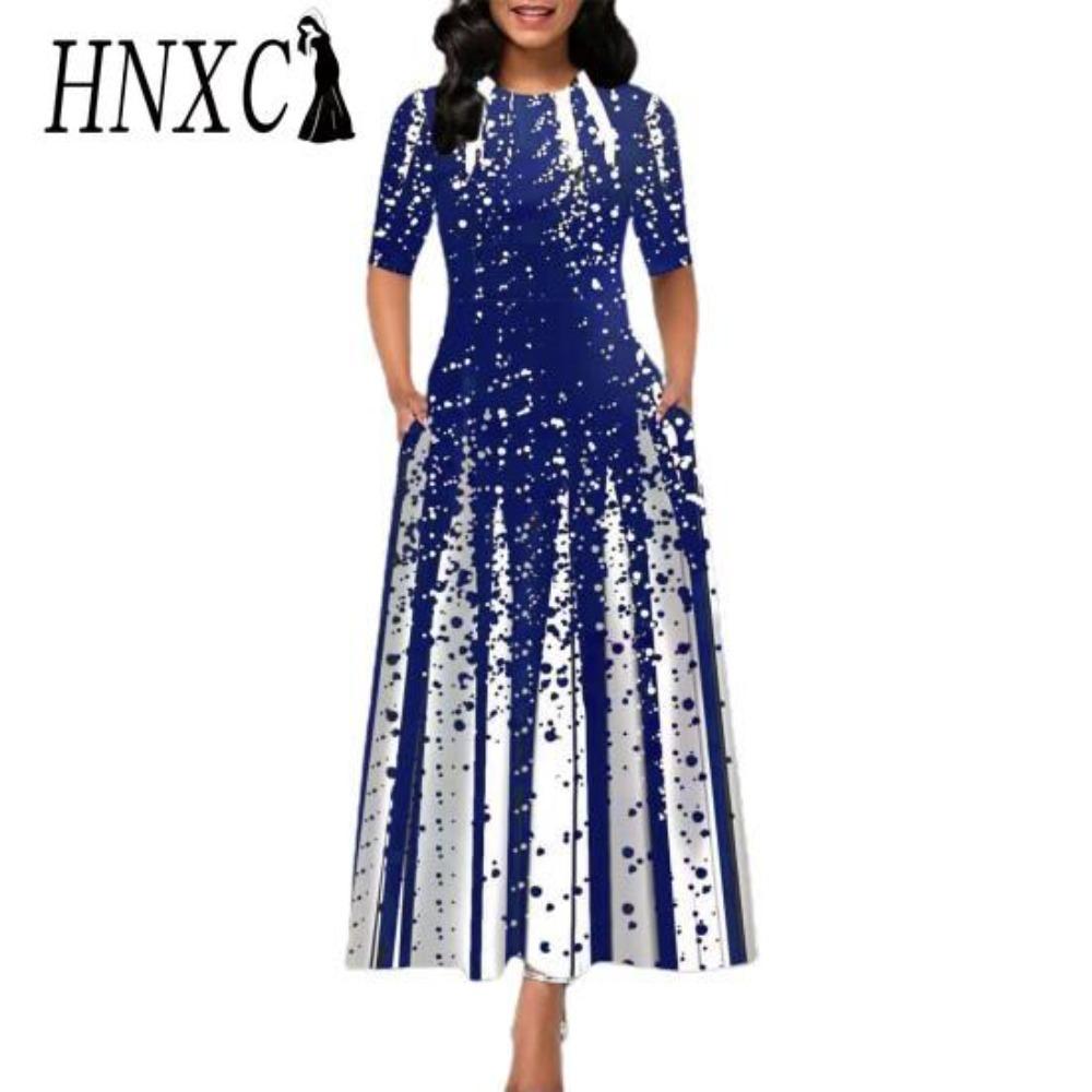 

HNXC Повседневное женское платье-пуловер со средней талией и круглым вырезом, платье с принтом и большим подолом, платье с коротким рукавом и длиной до щиколотки, женские платья XXL синий