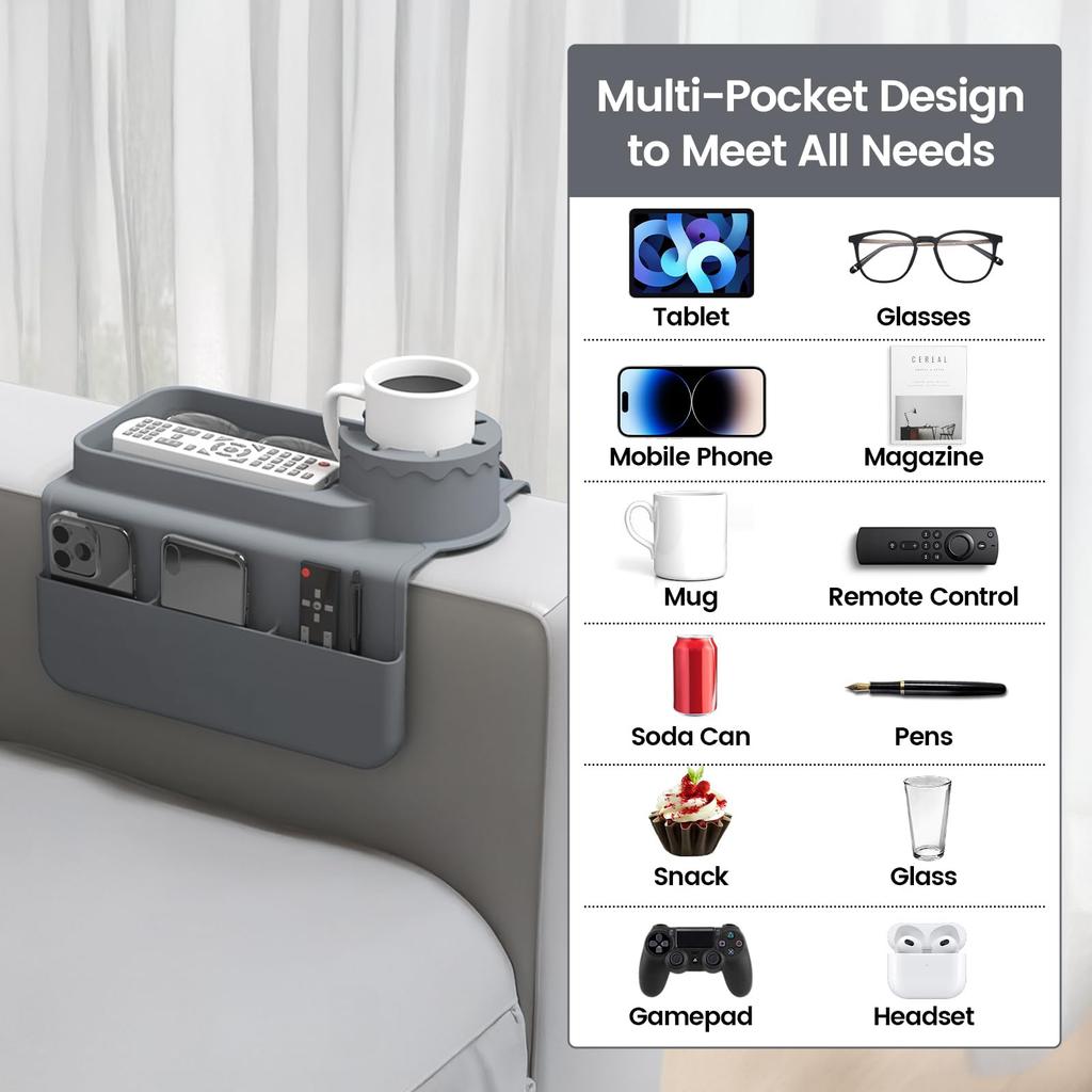 Silicone Sofa Armrest Tray Anti-Slip Organizer Creative Couch Cup Holder with Side Pockets for Drinks Phone Tablet